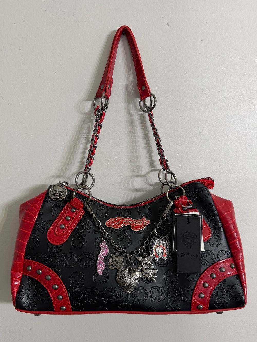 Ed Hardy Black & Red Skull-Embossed Studded Satchel Bag